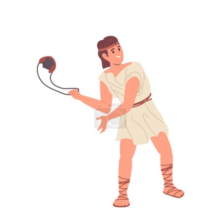 Illustration for Young antique brave guy named David Bible character in traditional clothes throwing stone from sling standing isolated on white background. Christianity, mythology and biblical story concept - Royalty Free Image