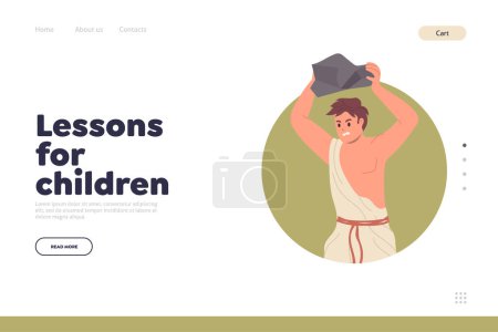 Illustration for Landing page design template with lesson for children. Online Bible classes at sunday school vector illustration. Website with angry Cain holding stone over head to kill brother. Religious education - Royalty Free Image