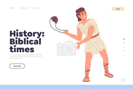 Illustration for History biblical times landing page design template. Website for reading online Bible story about adventure of Israeli people. Cartoon brave young David fighting against Goliath vector illustration - Royalty Free Image