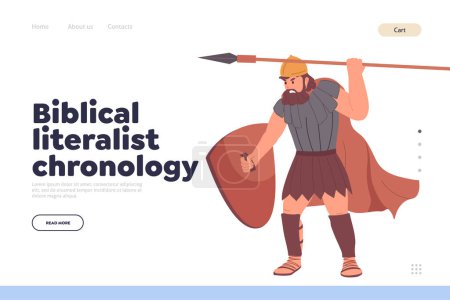 Illustration for Biblical literalist chronology landing page for website with online religious stories about Israeli people and history. Giant warrior Goliath in armor, helmet with shield and spear vector illustration - Royalty Free Image