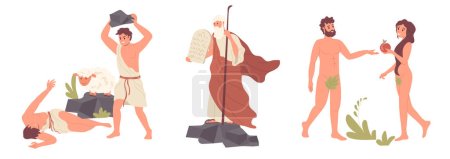 Illustration for Christianity Holy Bible characters and religion story scene with legendary historical people isolated set on white. Cain and abel, prophet moses, adam and eve with forbidden fruit vector illustration - Royalty Free Image