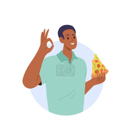 Illustration for Portrait of young happy smiling man character eating slice portion of delicious italian pizza gesturing ok good sign with hand confirming the high quality and perfect taste, vector illustration - Royalty Free Image