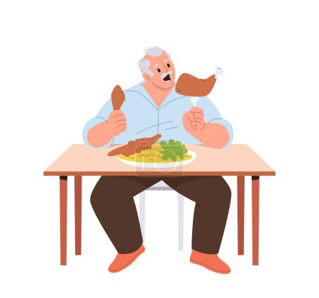 Illustration for Senior aged man hunger character with overweight eating junk unhealthy food sitting at table having uncontrolled appetite and gluttony disorder, vector illustration isolated on white background - Royalty Free Image