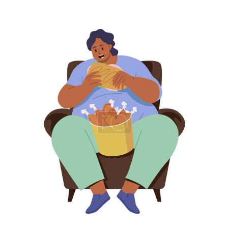 Illustration for Young fat woman character eating fried chicken legs and loaf of bread suffering from obesity sitting on armchair vector illustration isolated on white. Bad habits, unhealthy lifestyle and gluttony - Royalty Free Image