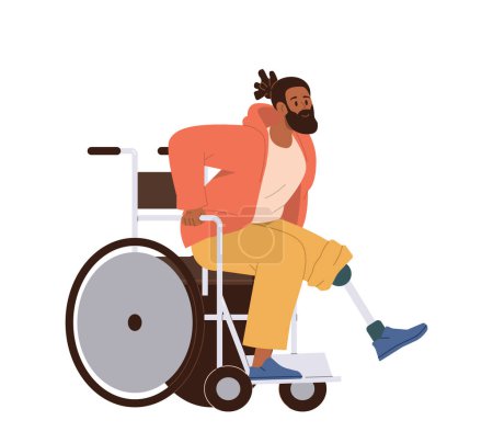 Ilustración de Joven personaje hipster hombre con prótesis de pierna tratando de ponerse de pie de la silla de ruedas aislado sobre fondo blanco. Rehabilitación después de la amputación de las extremidades y retorno al concepto de vida activa normal - Imagen libre de derechos