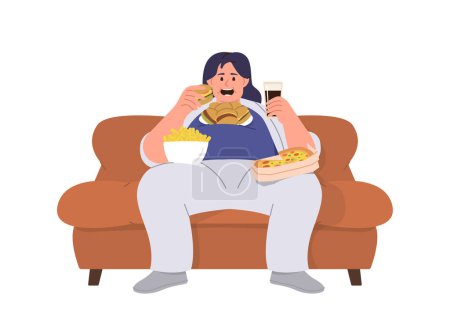 Illustration for Young fat overweight hungry woman character sitting on sofa eating pizza, fried french fries junk food and drinking soda having gluttony symptoms vector illustration isolated on white background - Royalty Free Image