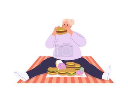 Illustration for Young woman character with fat belly eating burgers sitting on blanket having fast food disorder vector illustration isolated on white. People with uncontrolled appetite psychological problem - Royalty Free Image