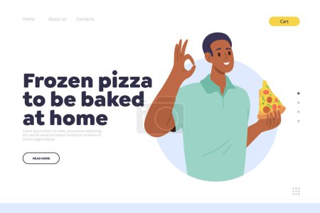 Illustration for Frozen pizza to be baked at home concept for fast food restaurant landing page design template Flat cartoon happy man character approving high quality, tasty Italian food product vector illustration - Royalty Free Image