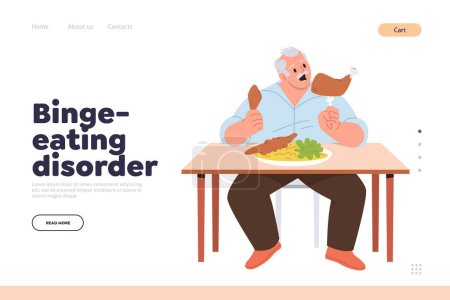 Illustration for Landing page for psychological online service giving information about binge eating disorder problem. People gluttony, fast food obsession and obesity concept. Old man having junk meal dependency - Royalty Free Image