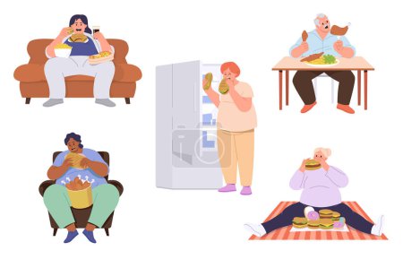 Illustration for Set of fat male and female people characters having eating disorder, overweight problem, unhealthy lifestyle. Young man and woman, old person with overeating and gluttony symptoms vector illustration - Royalty Free Image