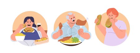 Illustration for Round frames icons isolated set with obese people eating unhealthy fast food having bad addiction and gluttony disorder. Young adult man and woman hunger with overweight problem vector illustration - Royalty Free Image