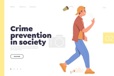 Illustration for Landing page for online service offering teenager crime prevention in society and psychological parent support. Flat cartoon teen character demonstrating bad behavior and relation to environment - Royalty Free Image