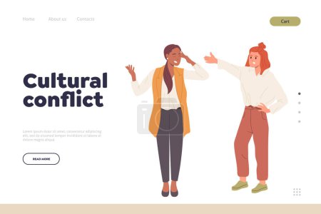 Illustration for Cultural conflict concept for landing page. Flat cartoon angry multiracial women characters quarrelling and shouting vector illustration. Troubled people relationships and abuse due to different race - Royalty Free Image
