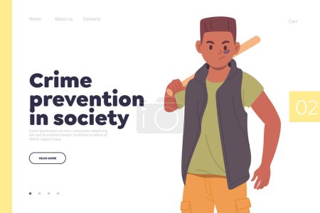 Illustration for Crime prevention in society concept for landing page. Flat cartoon young teenager hooligan character showing aggressive behavior ready to attack with baseball bat feeling anger vector illustration - Royalty Free Image