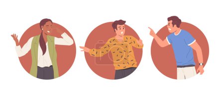 Illustration for Composition of round icons set with angry people characters having emotional stress due to conflict and abuse. Yelling, quarrelling man and woman feeling frustrated, upset, unhappy vector illustration - Royalty Free Image