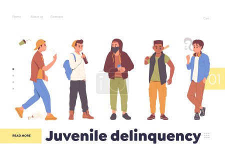 Illustration for Landing page giving information about social problem of juvenile delinquency. Young hooligans and bandits making trouble and crime vector illustration. Website online service design template - Royalty Free Image