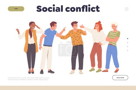 Illustration for Social conflict landing page with angry group of people character quarrelling having confrontation. Aggressive men and women with different opinions yelling, fighting and showing disagreement - Royalty Free Image
