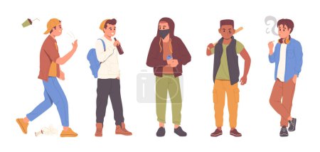 Illustration for Isolated set of angry aggressive male teenager hooligan characters having unlawful behavior vector illustration. Juvenile delinquency, teenage crime and social relations problem abstract concept - Royalty Free Image