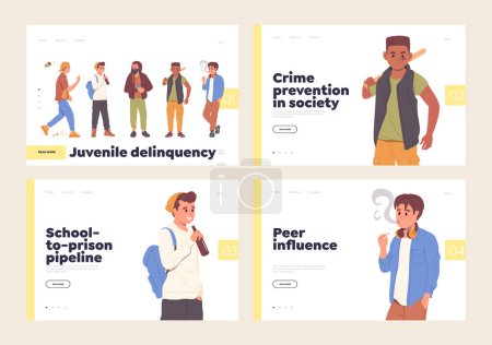 Illustration for Landing page design template set with juvenile delinquency, teenager crime and difficulties in children education. Young hooligan, burglar, bully characters committing illegal acts vector illustration - Royalty Free Image