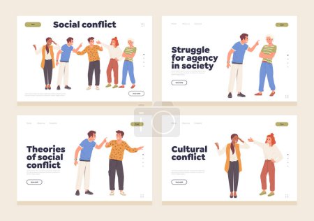 Illustration for Social conflict due to racial, cultural and gender difference concept for landing page set. Flat cartoon mad angry people fighting, arguing and having problem in communication vector illustration - Royalty Free Image