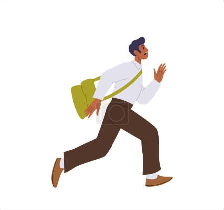 Illustration for Busy stressed business man freelancer character running fast feeling lack of time isolated on white background. Flat cartoon active office worker or male employee rushing quickly vector illustration - Royalty Free Image