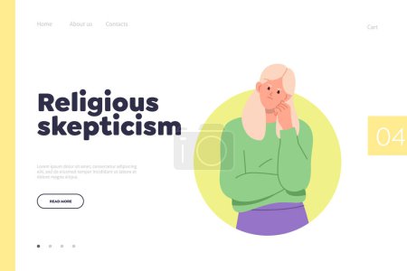 Illustration for Religious skepticism concept for landing page. Flat cartoon unsure young woman character thinking about belief, atheistic worldview weighing religions fact or myth in mind vector illustration - Royalty Free Image