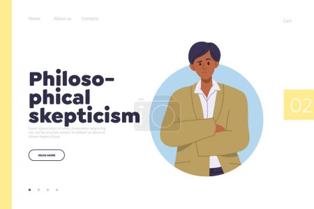 Illustration for Philosophical skepticism concept for landing page. Flat cartoon doubtful uncertain businessman character crossing hands thinking making decision questioning about business deal vector illustration - Royalty Free Image