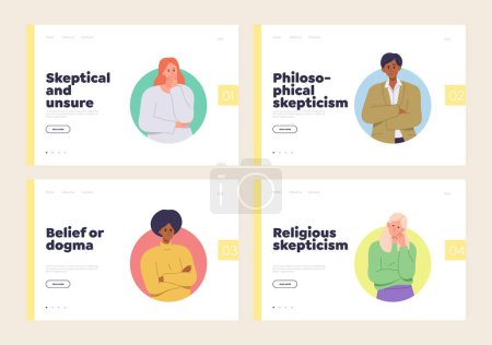 Illustration for Set of landing page with skeptical view on religion and belief concept. Thoughtful young people with serious faces brainstorming, weighing truth or false in learning information vector illustration - Royalty Free Image