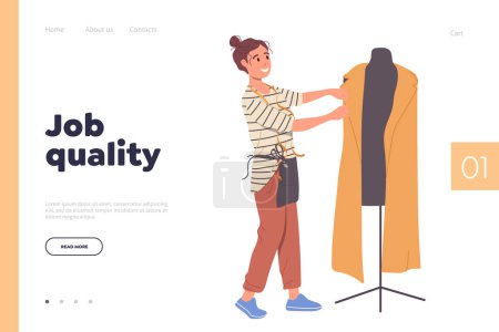 Illustration for Job quality concept for landing page. Flat cartoon happy woman seamstress fashion designer working with clothes design nearby mannequin vector illustration. Best tailor fabric online service - Royalty Free Image