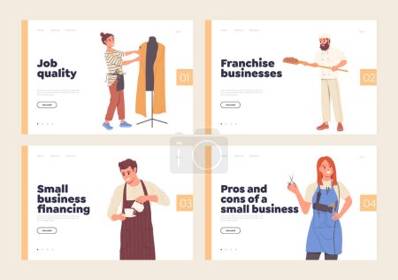 Illustration for Set of landing page design template for franchising, small business support and financing online service. Money investment for coffee-shop, hairdressing saloon, pet grooming and restaurant development - Royalty Free Image