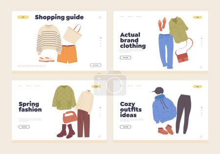 Illustration for Landing page template set with seasonal casual apparel and accessories for woman advertisement. Vector illustration of beautiful stylish fashion clothes, shoes and boots. Fall, spring, summer clothing - Royalty Free Image