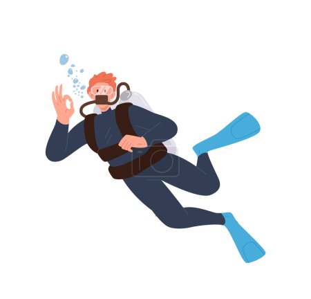 Taucher Mann Cartoon-Figur trägt Neoprenanzug Kostüm, Schnorchelmaske und Flossen Vektor Illustration isoliert auf weißem Hintergrund. Wassersport extreme Unterwasseraktivität während der Sommerferien
