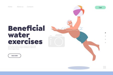 Beneficial water exercises for elderly people landing page. Flat cartoon with happy active old man character swimming with inflatable ball vector illustration. Sports activities for retired person