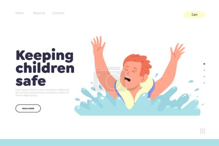 Illustration for Keeping children safe landing page offering rules for parents to help kids during underwater drowning. Flat cartoon child character screaming and crying while sinking in water vector illustration - Royalty Free Image