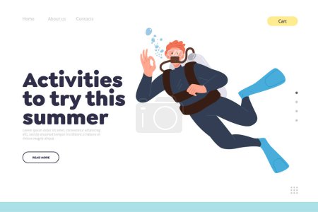 Activities to try this summer concept for landing page design template. Young scuba diver character wearing special equipment gesturing ok hand sign vector illustration. Extreme water sport for people