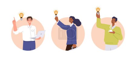 Illustration for Happy business people characters having brilliant idea finding solution set of round icon frame. Portrait of smiling insightful man and woman with light bulb brainstorming and solving problem - Royalty Free Image