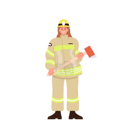 Illustration for Single brave female firefighter character wearing helmet and uniform holding hatchet vector illustration isolated on white. Portrait of woman emergency worker. People of different profession concept - Royalty Free Image