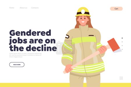 Illustration for Gendered jobs on decline concept for landing page design template. Happy smiling female firefighter character wearing uniform holding glass breaking axe vector illustration. Non-traditional roles - Royalty Free Image