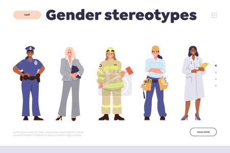 Illustration for Gender stereotype concept for landing page template. Flat cartoon happy smiling women characters of male professions wearing uniform. Hard girl work and different profession set on website design - Royalty Free Image