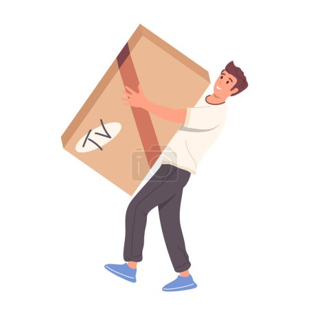 Illustration for Young happy smiling man buyer flat cartoon character carrying TV set in box enjoying new household appliances big sale discount vector illustration. Supermarket of electronics purchase concept - Royalty Free Image