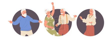 Set of round frame icons with happy overjoyed old people character dancing alone or together. Advertisement avatar for dance studio classes or hobby club for elderly man and woman training activity