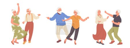 Eine Gruppe tanzender älterer Menschen charakterisiert ein romantisches Liebespaar, das sich zusammen bewegt und die Hände isoliert auf weißem Hintergrund hält. Glückliche alte Männer und Frauen, die Spaß an aktiver Freizeitgestaltung haben