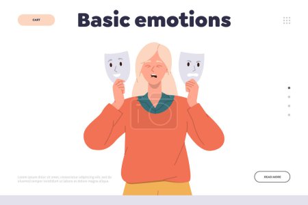 Illustration for Basic emotion landing page design template. Sad cartoon woman character hiding feelings under different social mask. Controlling expression impulses, emotional intelligence, definition of mood concept - Royalty Free Image