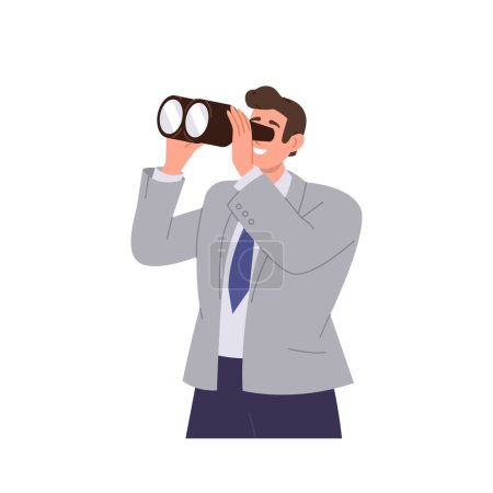 Young businessman cartoon character looking through binocular searching for opportunities, new business ideas, strategy and startup ideas information vector illustration isolated on white background