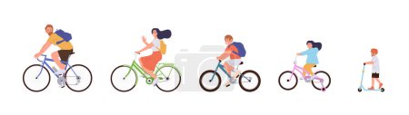 Ilustración de Familia activa feliz, padres con niños montando bicicletas disfrutando de actividades de ocio al aire libre en la ilustración vectorial de vacaciones de fin de semana. Padre, madre, hijo e hija en bicicleta aislados en blanco - Imagen libre de derechos