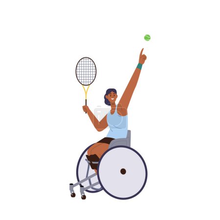 Illustration for Young happy woman having disability playing big tennis sitting in wheelchair vector illustration. Female athlete cartoon character holding racket in hand biting ball participating in championship - Royalty Free Image