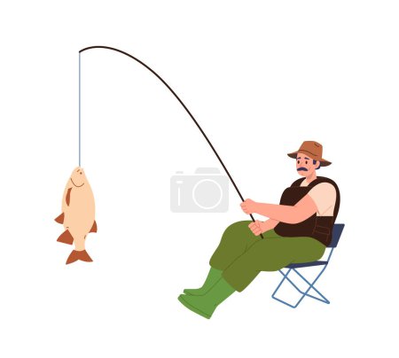Adult fisherman cartoon character holding caught fresh fish on rod while sitting on chair isolated on white background. Male person enjoying fishing seasonal hobby leisure activity on weekend