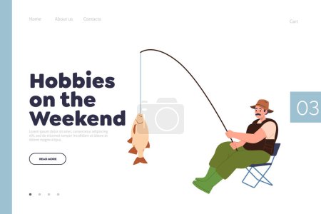 Illustration for Hobby on weekend landing page design template with adult man character fishing on river bank. Website scene for online club offering best recreation leisure activity during vacation for fisherman - Royalty Free Image