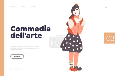 Illustration for Commedia dell arte advertising landing page design template. Cute female actress cartoon character with crybaby facial makeup and traditional costume performing pantomimes. Italian theatre concept - Royalty Free Image