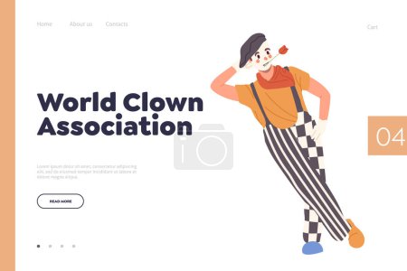 Illustration for World clown association landing page design template offering funny artistic show entertainment or animators party event for children and adults. Website online service unifying comedian actors - Royalty Free Image